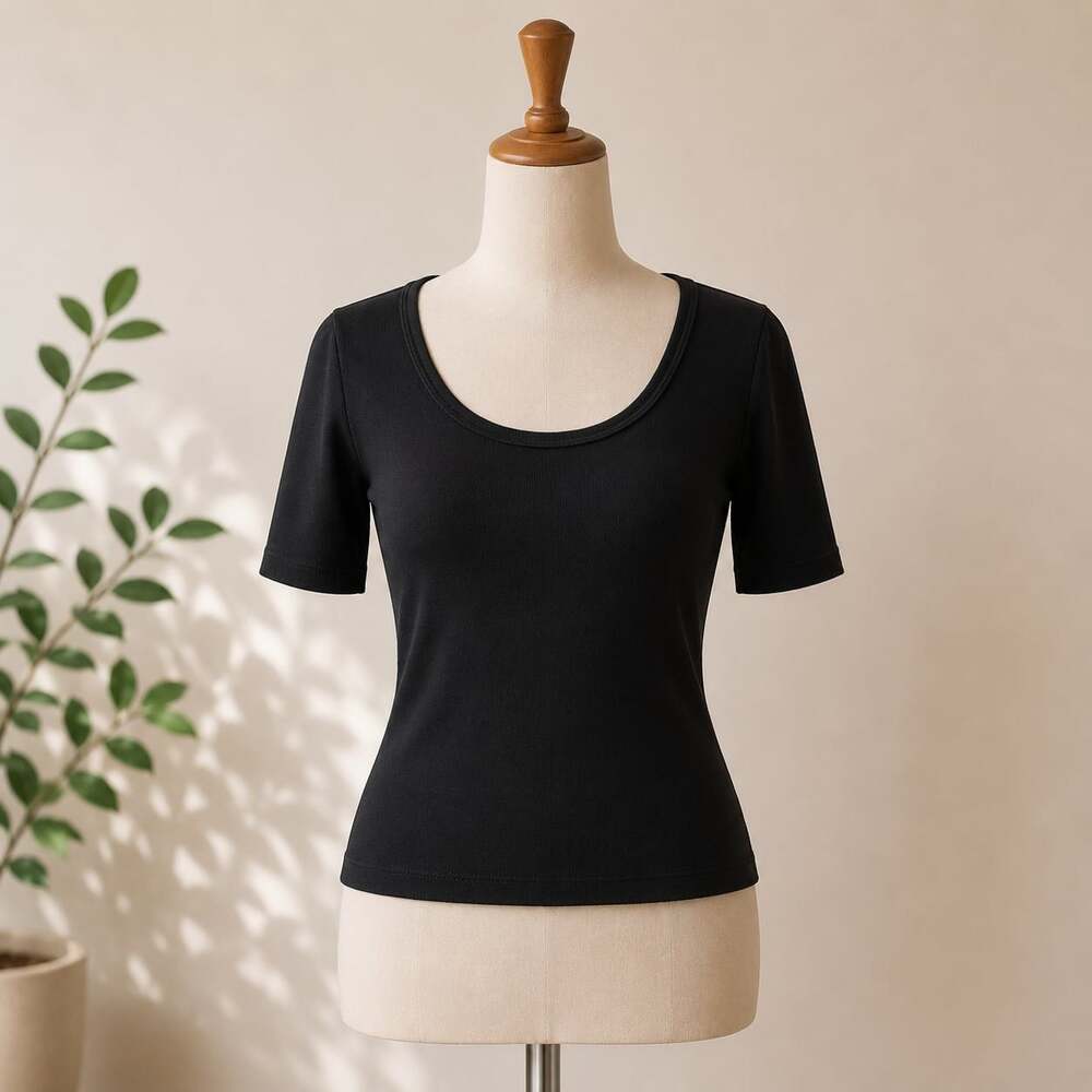 Quince Organic Cotton Rib Knit Scoop Neck Top Black Size Small Stretch Tee